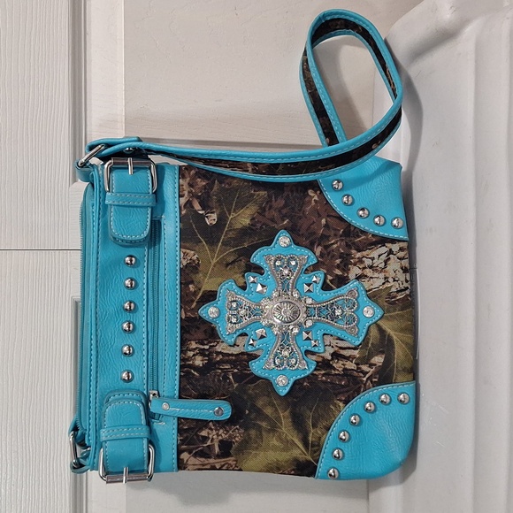 faux leather/canvas Handbags - Faux leather and camouflage canvas studded rhinestone crossbody bag - teal/green